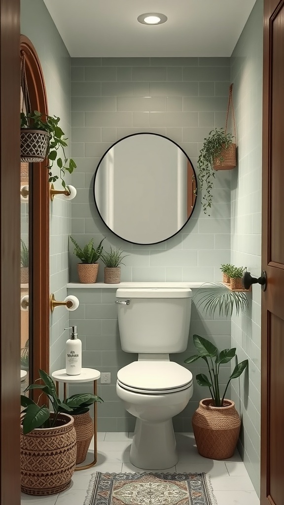 Small bathroom with gentle sage green walls, plants, and modern fixtures