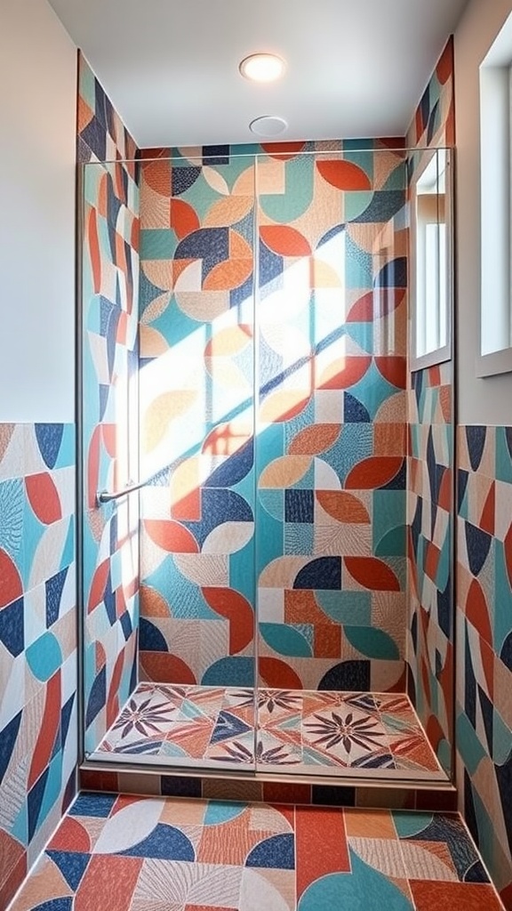 Colorful walk-in shower with geometric tiles in a vibrant design.