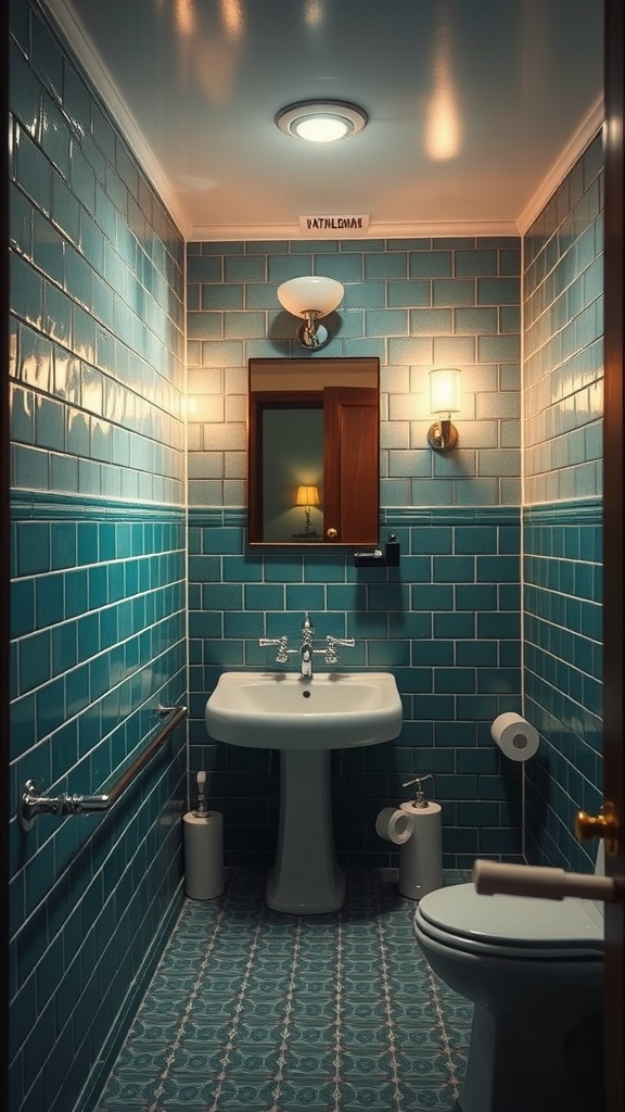 A vintage-style bathroom featuring green geometric tiles, classic fixtures, and soft lighting.