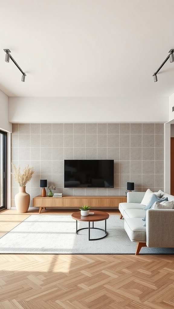 Modern living room with a geometric statement wall, light sofa, and wooden decor