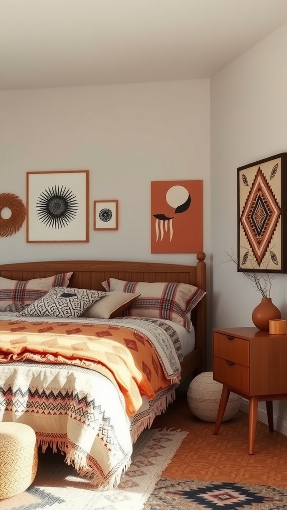 Boho bedroom featuring geometric patterns in decor, with a wooden bed, patterned blankets, and wall art.