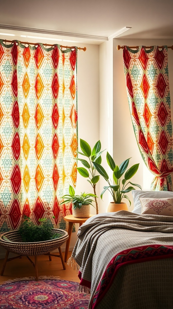 A cozy boho bedroom with geometric print curtains in vibrant colors and plants