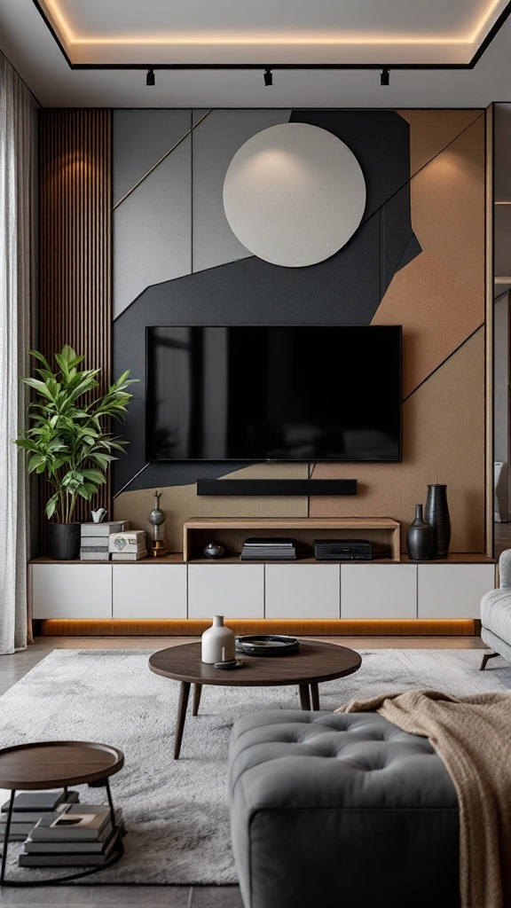A modern luxury TV wall featuring geometric shapes and patterns, with a circular element and contrasting colors.