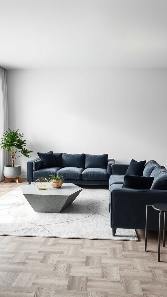 A modern living room featuring dark velvet couches and a geometric concrete coffee table.