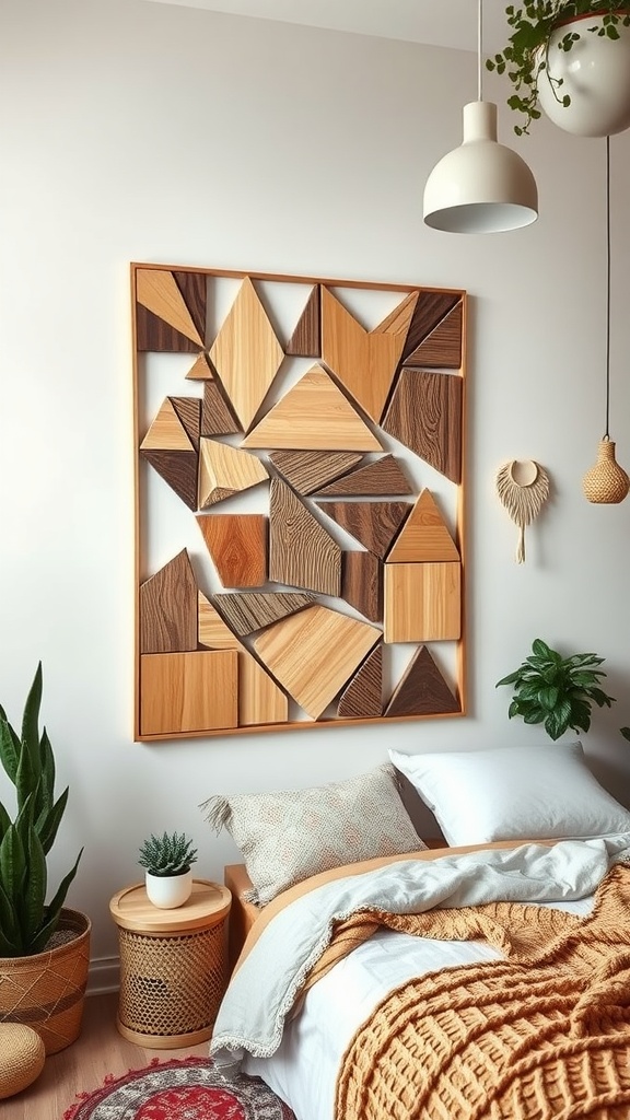 Geometric wood wall art in a boho-themed bedroom