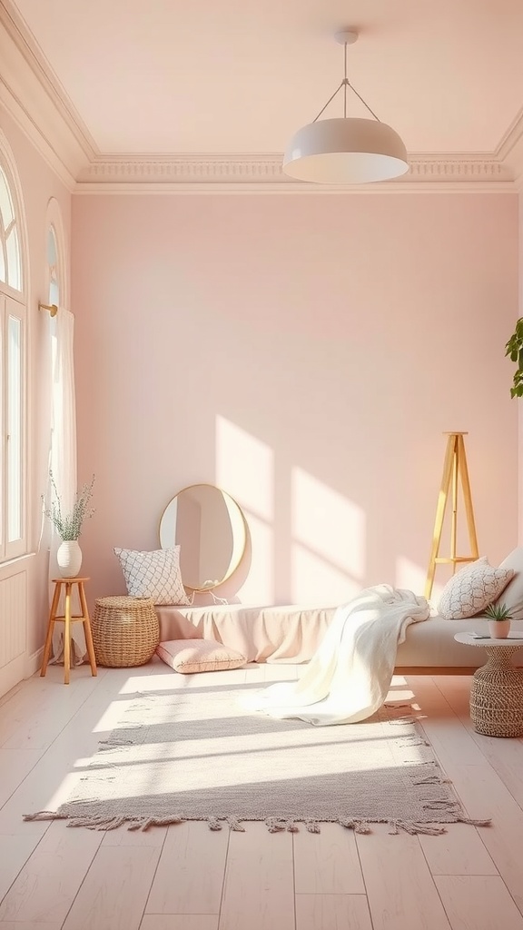 A bright and airy low-light room with soft pink walls, large windows, and cozy decor.