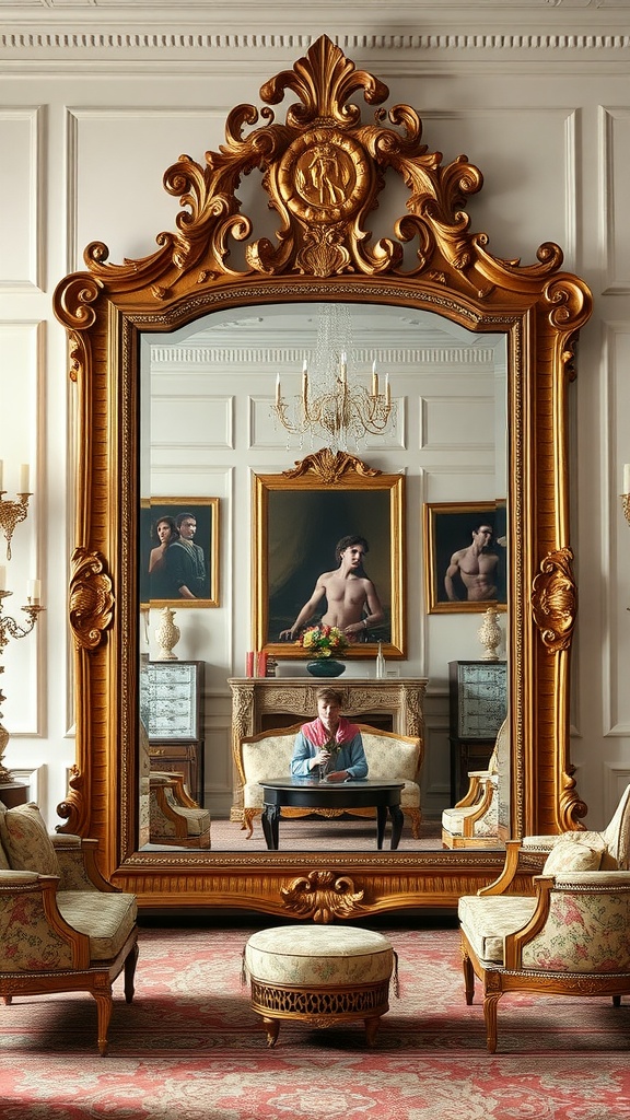 A luxurious living room with a large gilded mirror reflecting classic furniture and artwork.