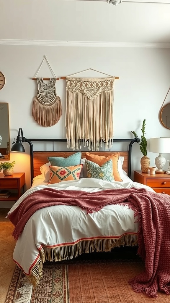 A cozy glam boho bedroom featuring colorful pillows, macramé wall hangings, and a warm rug.