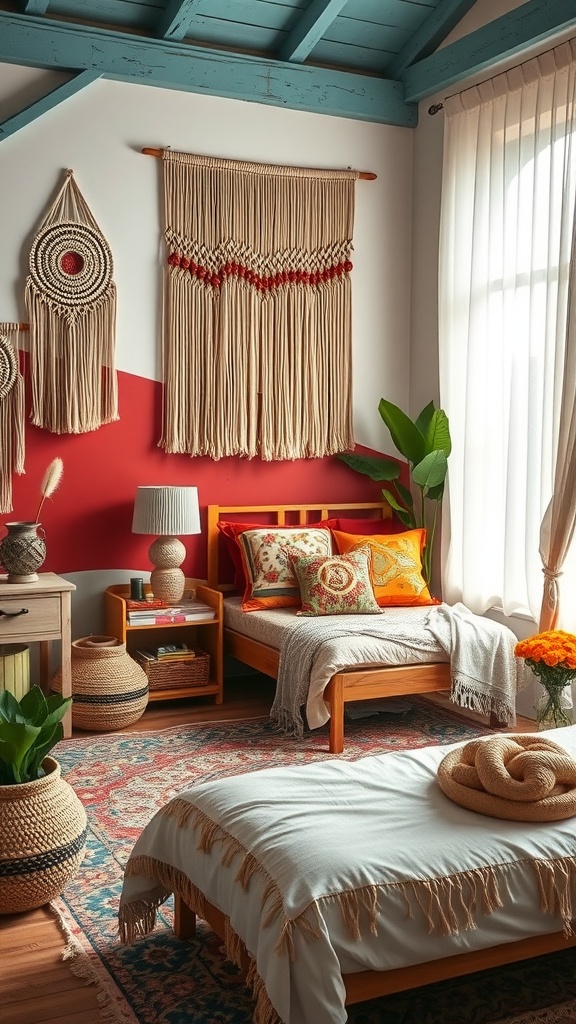 A cozy boho chic bedroom with macramé wall hangings, colorful pillows, a wooden bed frame, and plants.