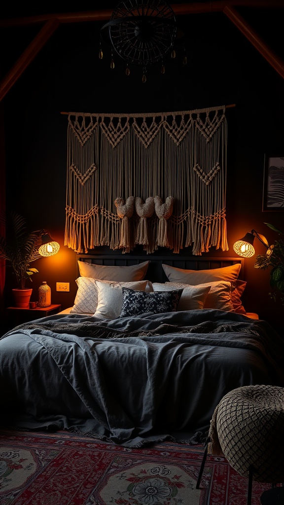 A dark boho bedroom featuring a macrame wall hanging, cozy bedding, and warm lighting.