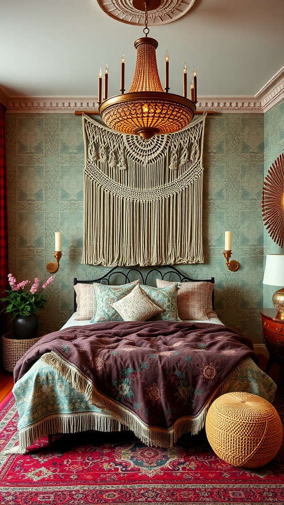 Glamorous boho bedroom featuring a macramé wall hanging, a cozy bed with rich textures, and an elegant chandelier.