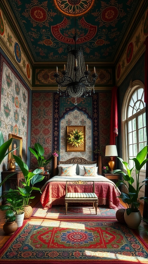 A beautifully decorated bohemian bedroom with high ceilings, featuring a chandelier, bold patterns, and lush plants.