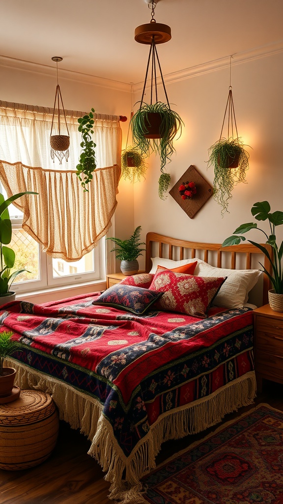 A cozy boho bedroom with hanging plants, a patterned blanket, and warm lighting.