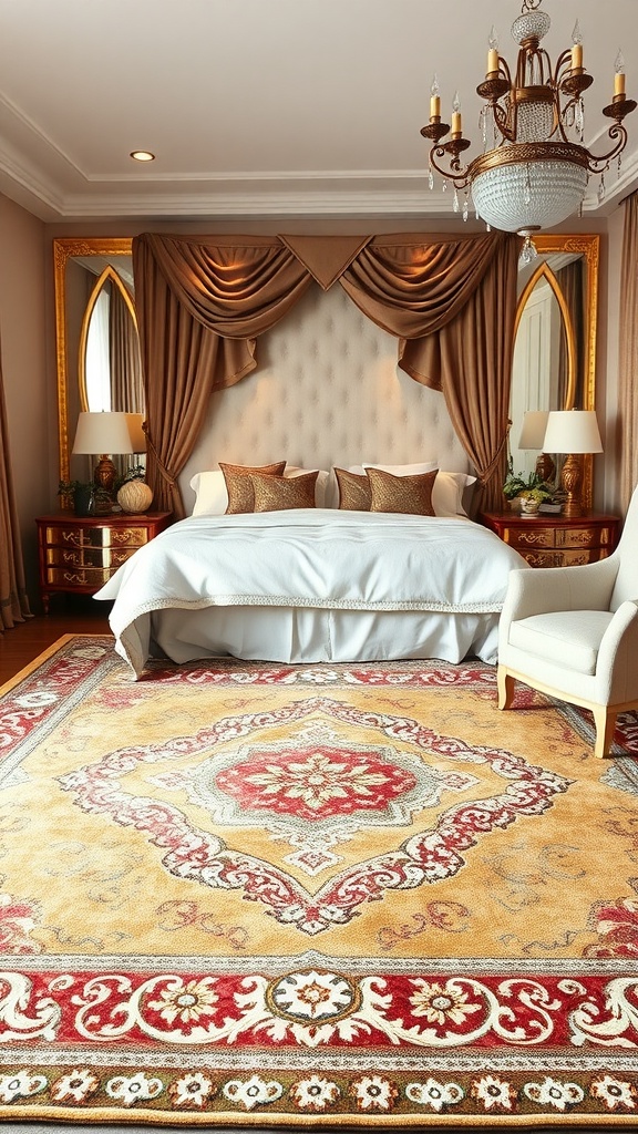 Glamorous bedroom featuring a luxurious Boho Style Bedroom Rug with intricate designs and vibrant colors.