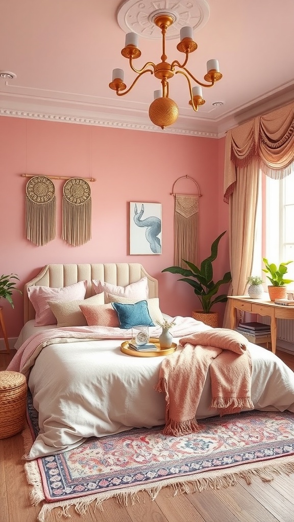 A glamorous bedroom featuring blush pink walls, a stylish chandelier, layered bedding, and bohemian decor.