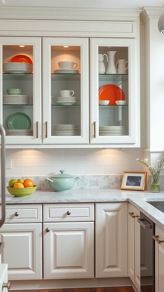 A kitchen with glass-front cabinet doors displaying colorful plates and mugs.