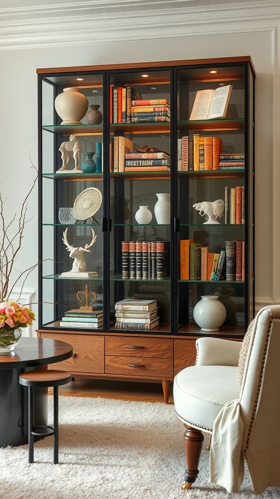 Glass-front cabinet displaying books and decorative items