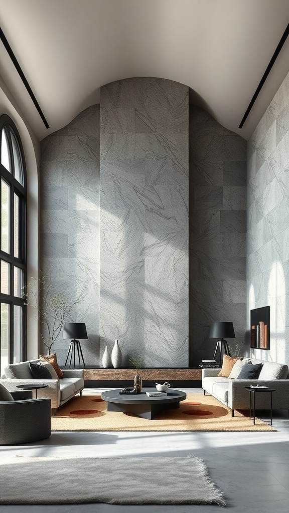 A modern living room featuring high ceilings, arched windows, stone textures, and sleek furniture.