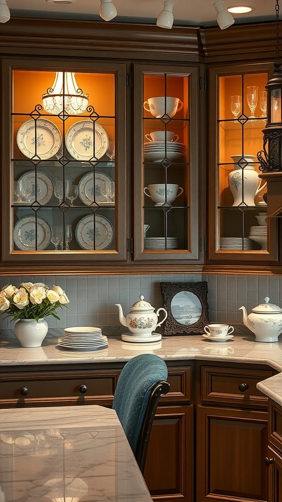 Glass cabinet displaying elegant dinnerware in a farmhouse kitchen.