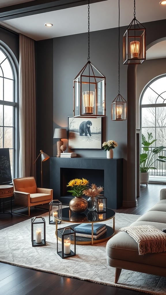 Stylish living room featuring hanging glass lanterns, modern furniture, and a cozy atmosphere.
