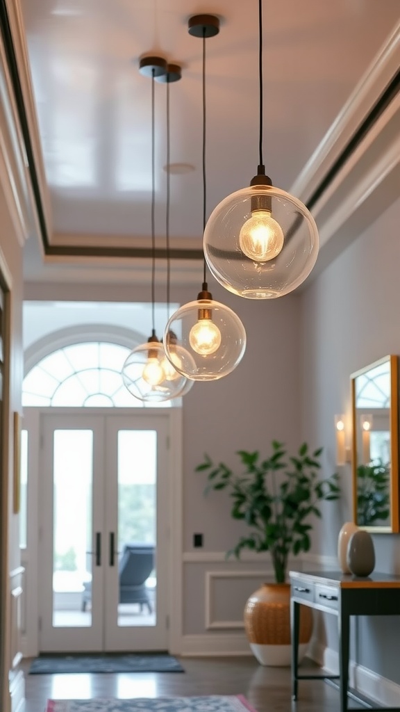 An entrance hall featuring three glass orb pendant lights hanging from the ceiling