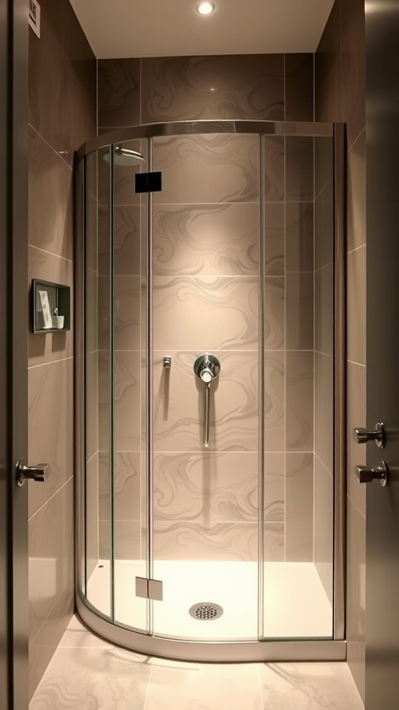 A small bathroom featuring a curved glass shower enclosure with neutral tiles.