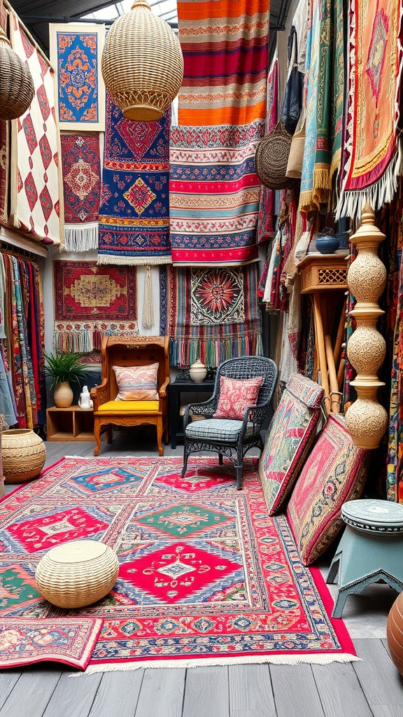 A vibrant display of Boho style rugs and decor in a cozy bazaar setting.