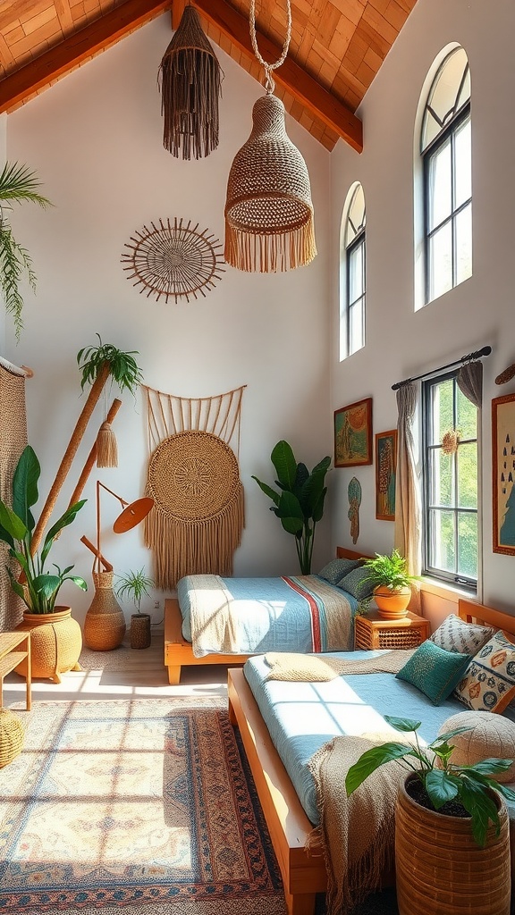 A cozy boho-style bedroom with high ceilings, featuring two beds, natural decor, and plenty of plants.