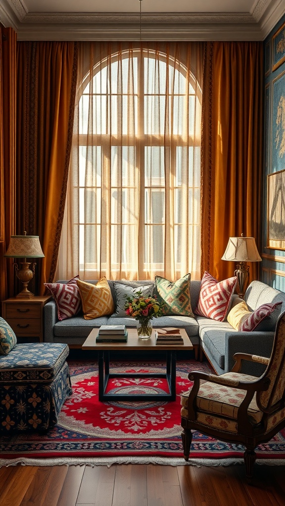 A cozy living room with a mix of colorful textiles, featuring a bright window with golden curtains, a sofa with patterned pillows, and a decorative rug.