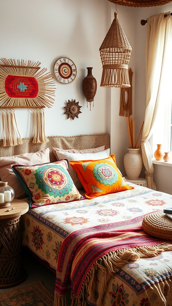 A Boho style bedroom featuring colorful textiles, woven decor, and natural elements.