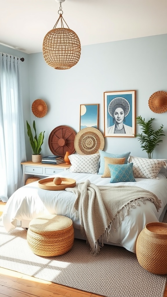 A bohemian bedroom featuring light blue walls, rattan light fixture, woven baskets, and colorful pillows.