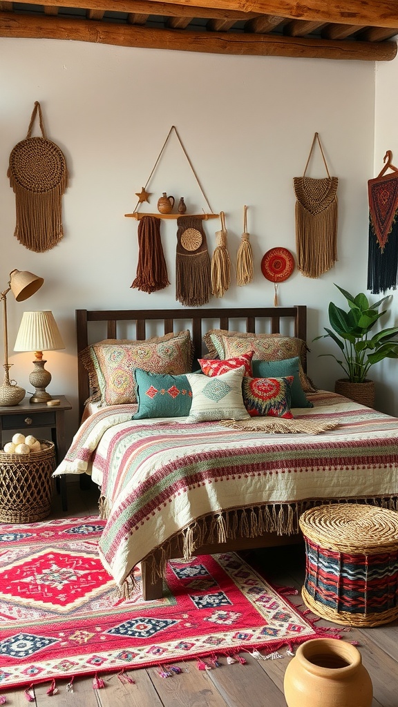 A cozy bohemian bedroom with a wooden bed, colorful patterned textiles, and woven wall hangings.