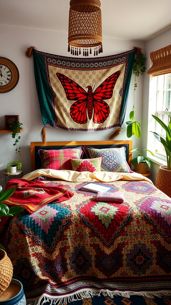 A boho-themed bedroom featuring a colorful bedspread with intricate designs and a butterfly tapestry on the wall