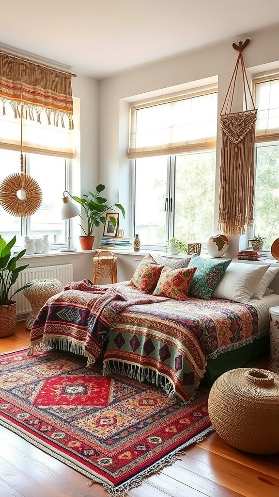 A cozy boho style bedroom featuring colorful rugs, woven blankets, and plants, creating a warm and inviting atmosphere.