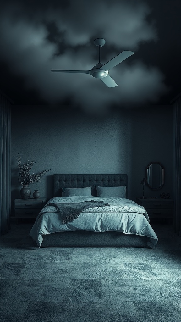 A dark and moody bedroom featuring a grey color scheme with a plush bed, grey bedding, and a ceiling fan.