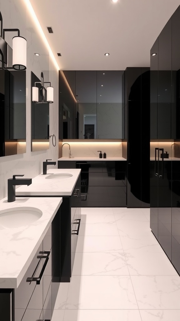 A modern bathroom featuring glossy black lacquer cabinets, white marble countertops, and warm lighting.