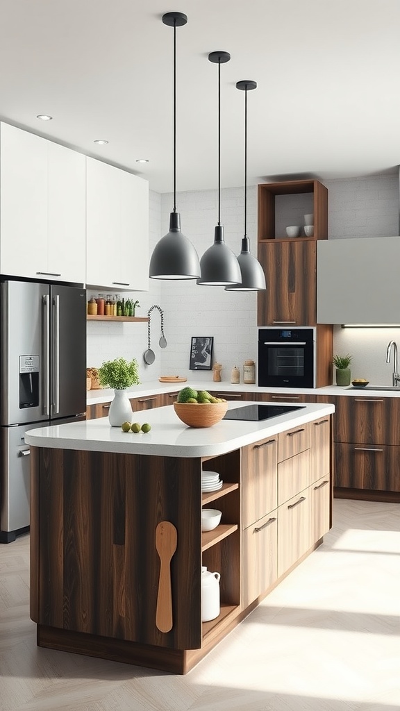 A modern kitchen featuring a modular island with wooden finishes and pendant lighting.