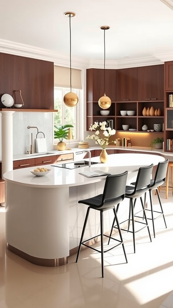 Modern kitchen with a curved peninsula countertop and stylish barstools.
