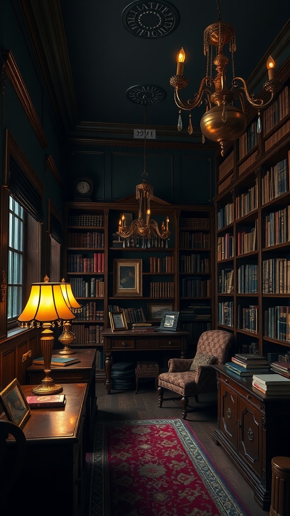 A vintage-inspired study with dark walls, a chandelier, and warm lamp lighting.
