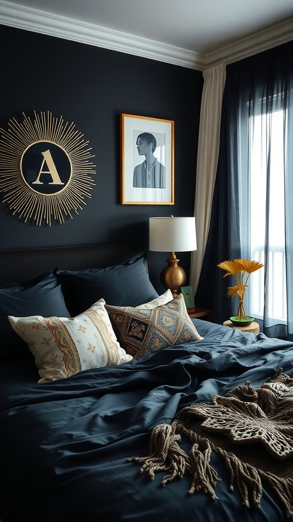 A stylish black boho bedroom featuring gold accents, including a sunburst mirror and a gold lamp, set against dark bedding and decorative pillows.