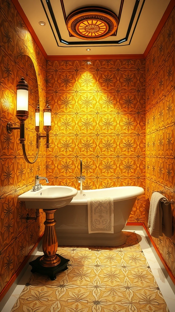 A luxurious bathroom with golden Art Deco tiles, a freestanding tub, and elegant lighting.