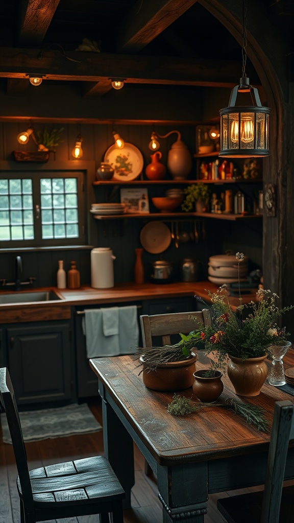 A cozy kitchen with warm lighting, rustic wood furniture, and plants, embodying dark cottagecore aesthetics.