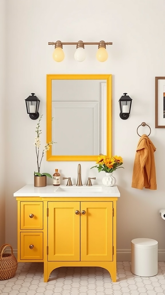 Yellow bathroom vanity with white countertop and stylish decor