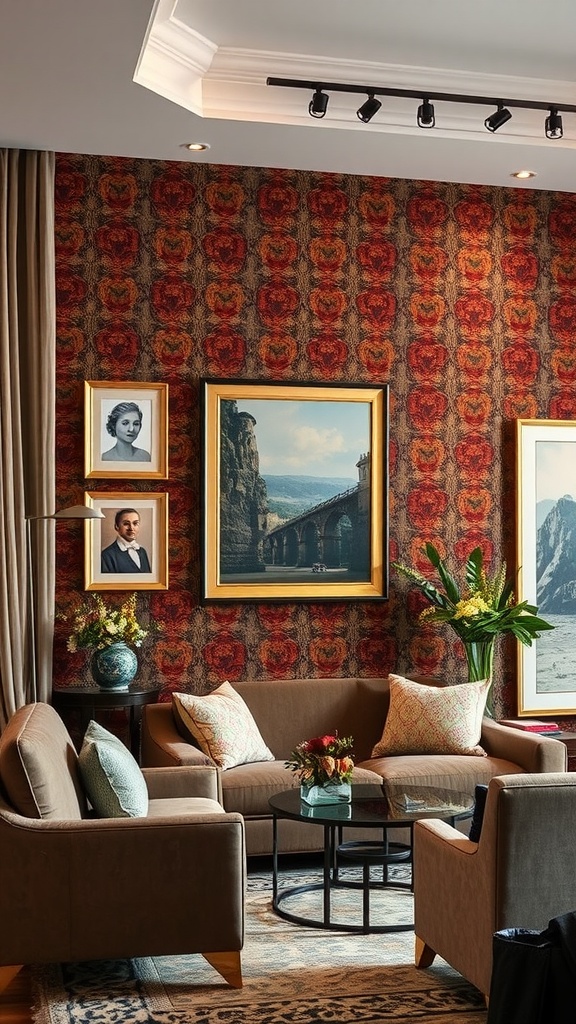 A beautifully designed living room with a patterned accent wall, framed art, and elegant furniture.