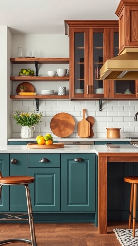 A beautiful kitchen featuring teal lower cabinets and walnut upper cabinets with open shelving