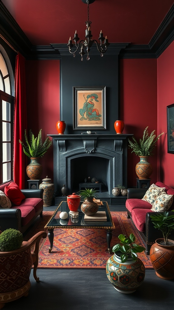 A living room with Gothic-inspired dark red walls, black accents, and Mediterranean decor including ceramic pots and lush plants.