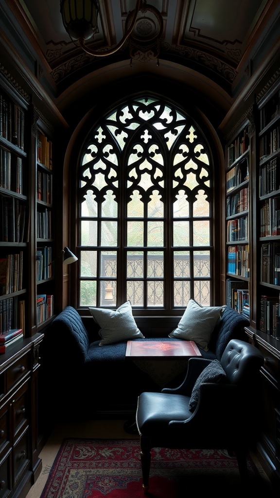 Gothic-inspired library with a cozy window seat and bookshelves.