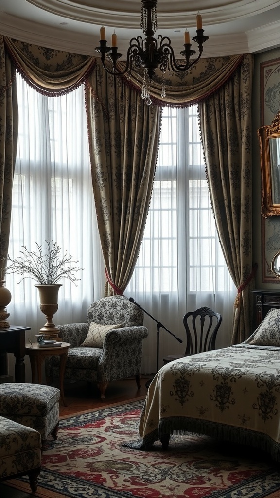 A Gothic-inspired bedroom featuring ornate textiles, plush seating, and elegant curtains.