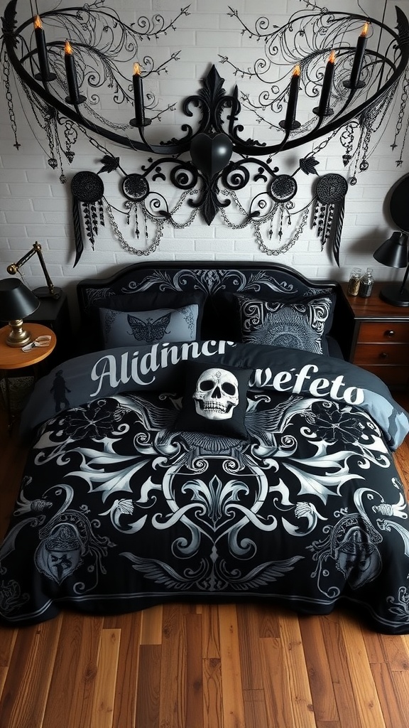 A gothic-themed bedding set featuring intricate designs in black and silver, with a skull pillow and an ornate candle holder above the bed.