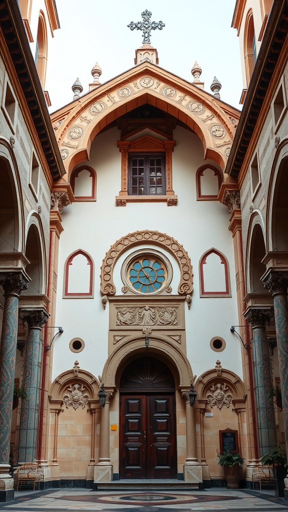 Living room featuring Gothic arches and Mediterranean details